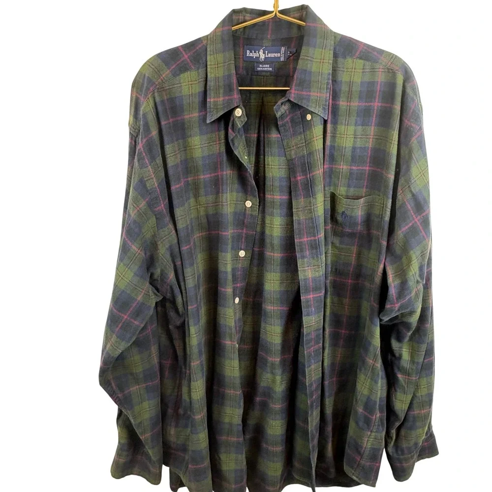 Vintage Ralph Lauren Blaire Flannel Shirt XL Tartan Green Navy Red Plaid Cotton